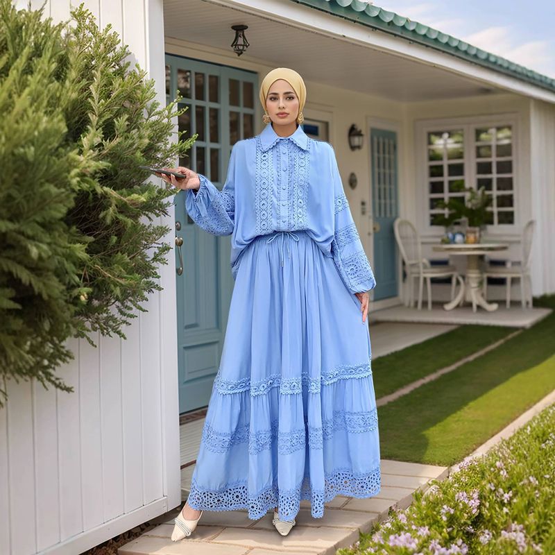 [Algodón y lino] Ropa de mujer, camisa con apliques de encaje, falda suelta, falda larga, traje de dos piezas_voghion.com