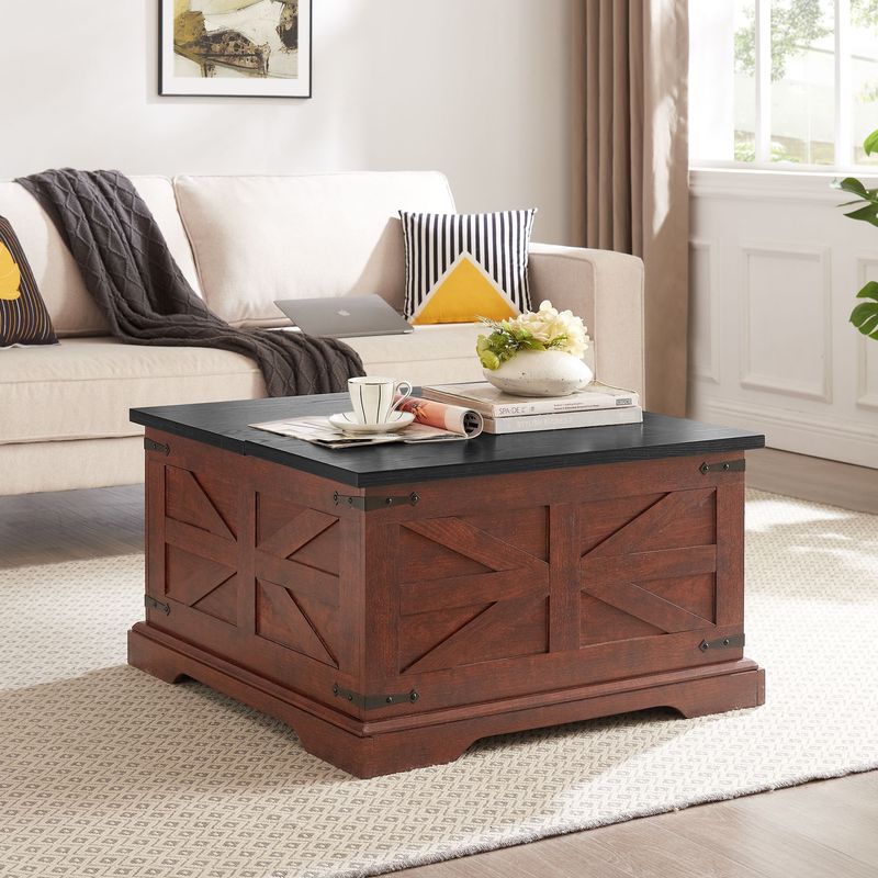 Farmhouse Coffee Table, Square Wood Center Table With Large Hidden Storage Compartment For Living Room, Barn Design Center Table Rustic Cocktail Table With Hinged Lift Top For Home L31.5''*W31.5''*H18_voghion.com