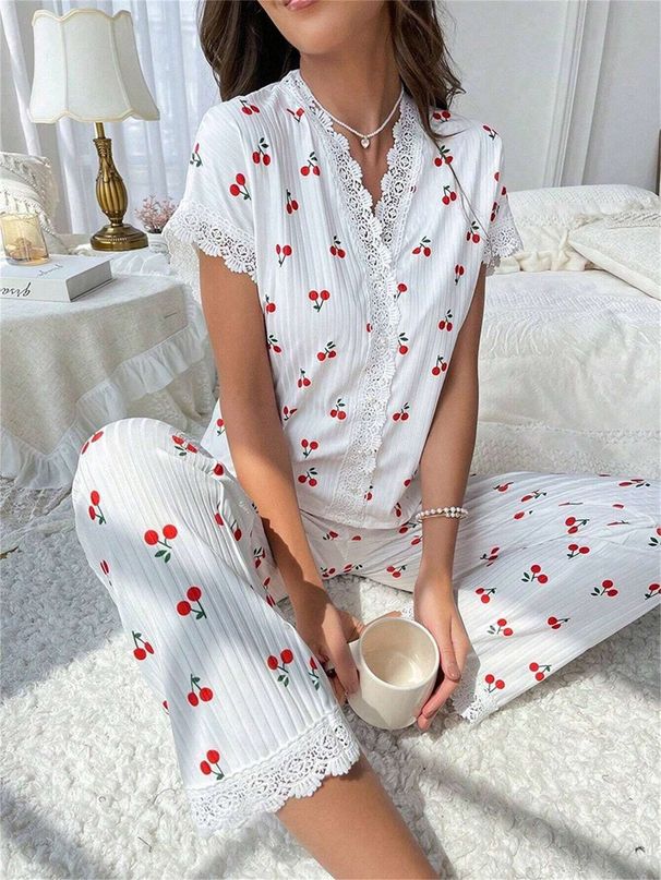 Women's Clothing Home Clothes Cherry Print Short Sleeved Lapel Pajamas Long Pants Two Piece Suit_voghion.com