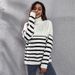 Stripe patchwork shoulder drop high neck knitted sweater for women's loose autumn and winter new women's clothing_voghion.com
