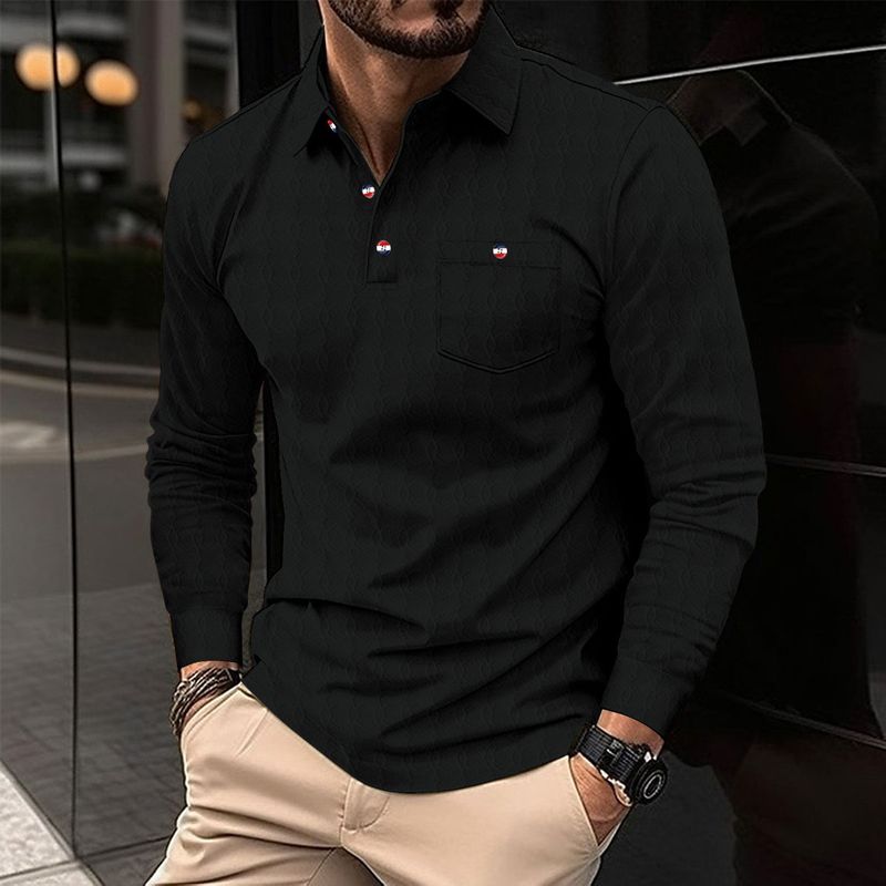 Men's Clothing New Autumn And Winter Men's Pocket Jacquard Polo Shirt Stand Collar Long Sleeve Sports_voghion.com