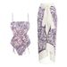Women's new style waist drawstring hollow purple dragonfly print one-piece swimsuit and wrap skirt suit hot style_voghion.com
