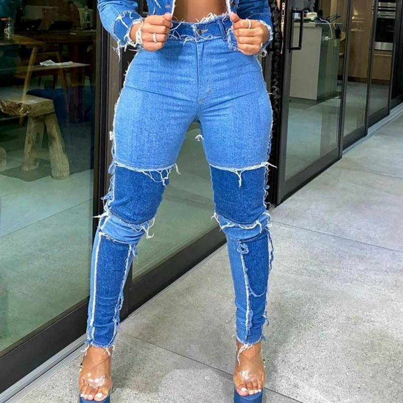 Costume en denim délavé à coutures rétro pour femmes_voghion.com