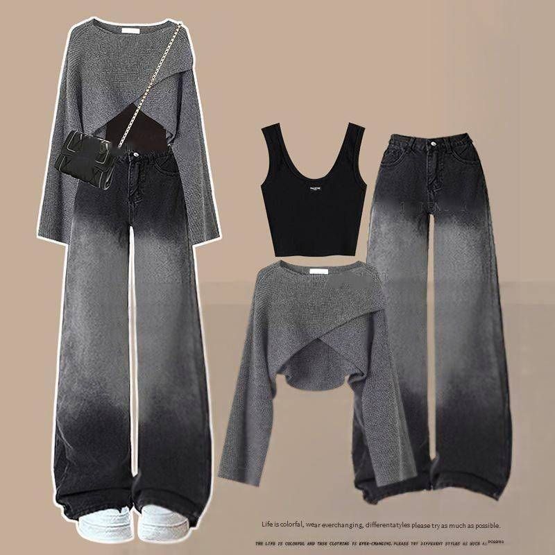 Women's Clothing New Style Salt Vest Loose Slim Sweater Jeans Three Piece Suit_voghion.com