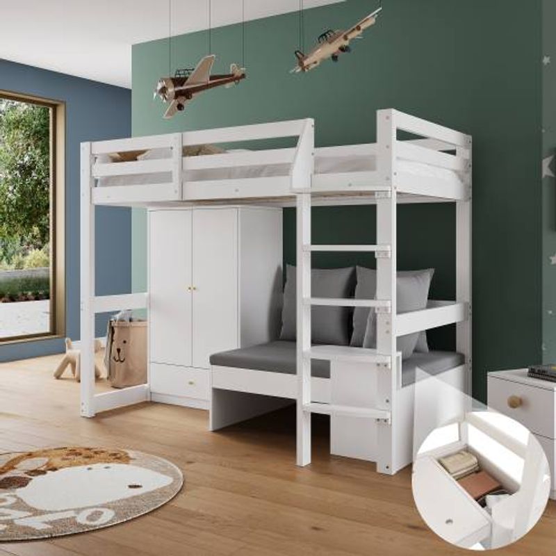 Letto rialzato per bambini, letto multifunzionale per bambini, con scaletta, con armadio, divano con spazio contenitore_voghion.com