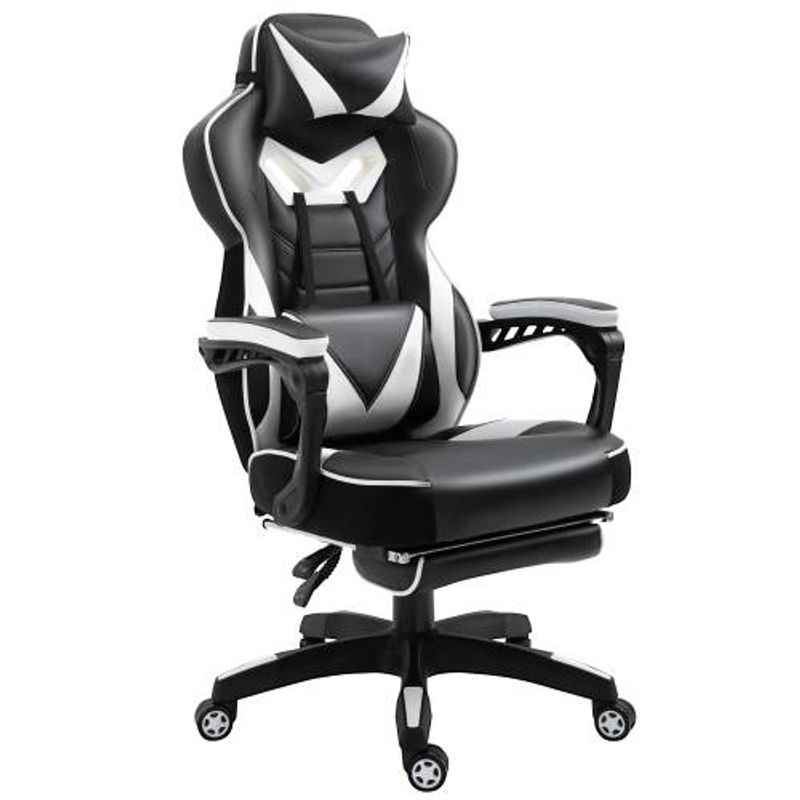 Computer Gaming Chair, Racing Desk Chair With Lumbar Support And Footrest, PU Leather Gamer Chair With Headrest And Swivel Wheels, White Black_voghion.com