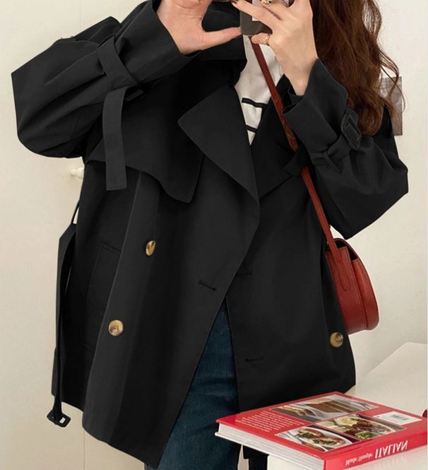 Women's Short Trench Coat – Korean-Inspired Belted Jacket With Stacked Collar (Khaki/Black, S/M/L/XL)_voghion.com