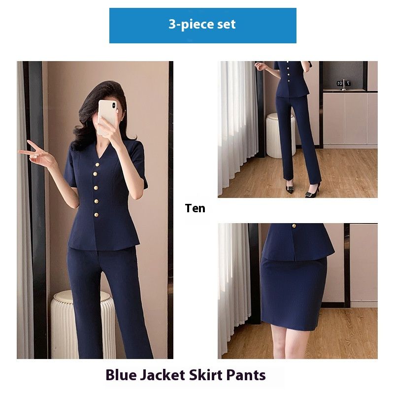 Grey Short Sleeved Professional Suit Set For Women's Summer New Style Temperament Beauty Salon Hotel Front Desk Jewelry_voghion.com