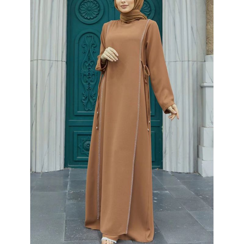 Gonna lunga semplice da donna, con scollo rotondo, ampia, a trapezio, a maniche lunghe, in pizzo, per il commercio estero in Medio Oriente_voghion.com