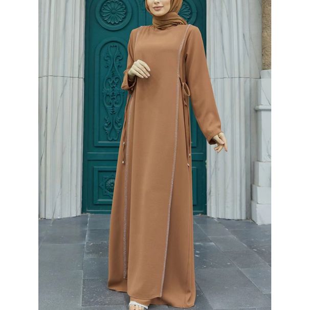 Gonna lunga semplice da donna, con scollo rotondo, ampia, a trapezio, a maniche lunghe, in pizzo, per il commercio estero in Medio Oriente_voghion.com