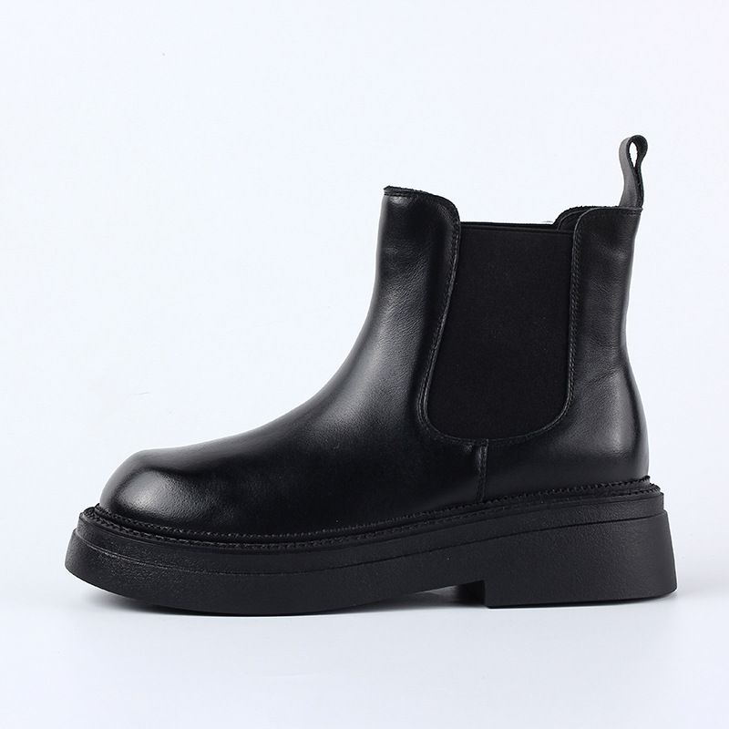 Women's cowhide boots with top layer black thick heel and bare boots platform boots_voghion.com
