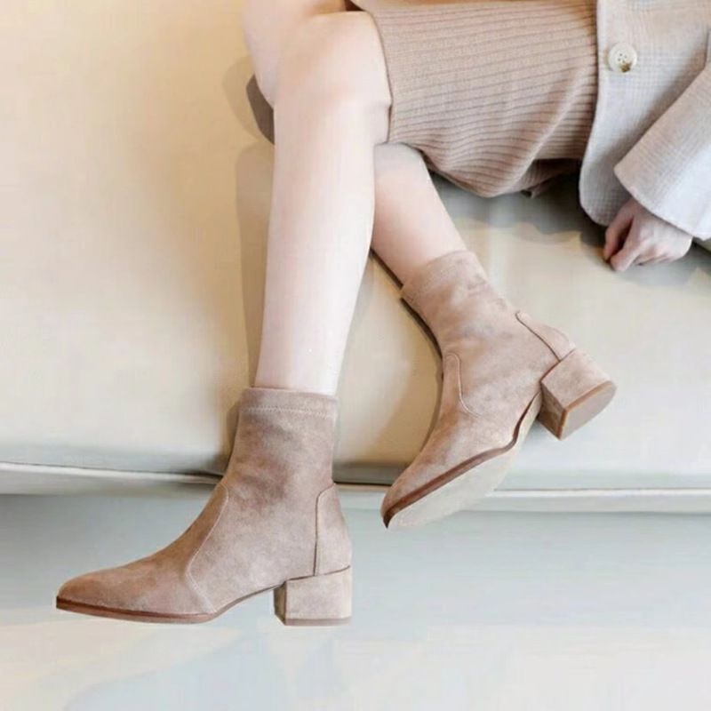 Stivali corti da donna con punta spessa elastica 2025, nuovo stile, tacco quadrato, altezza gamba aumentata, con calzini morbidi e sottili_voghion.com