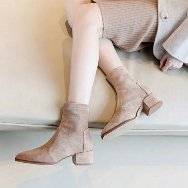Stivali corti da donna con punta spessa elastica 2025, nuovo stile, tacco quadrato, altezza gamba aumentata, con calzini morbidi e sottili_voghion.com