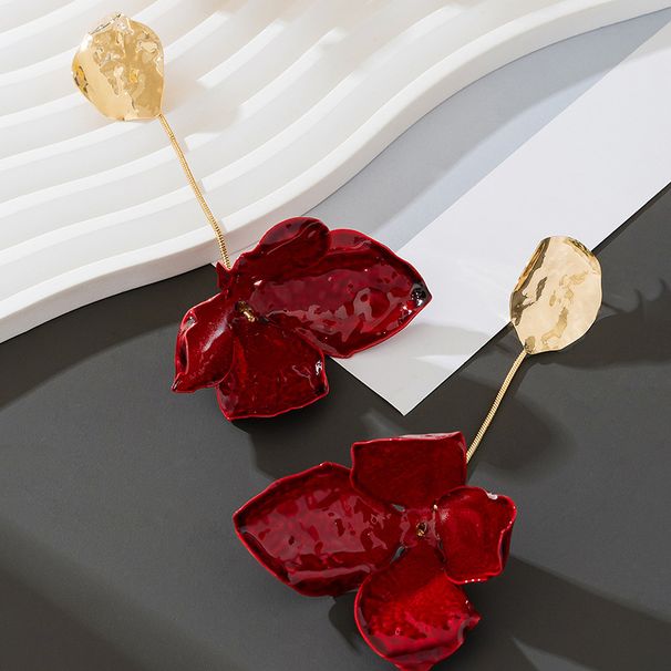 Statement Exaggerated Red Petal Tassel Internet Celebrity Alloy Spray Paint Flower New Year Stud Earrings Accessories_voghion.com