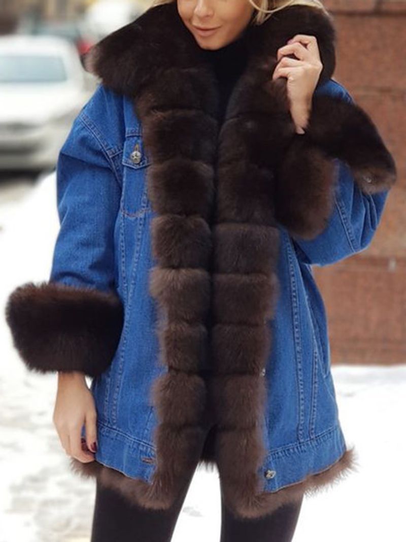 Kadın kürk tek parça denim uzun kollu ceket_voghion.com