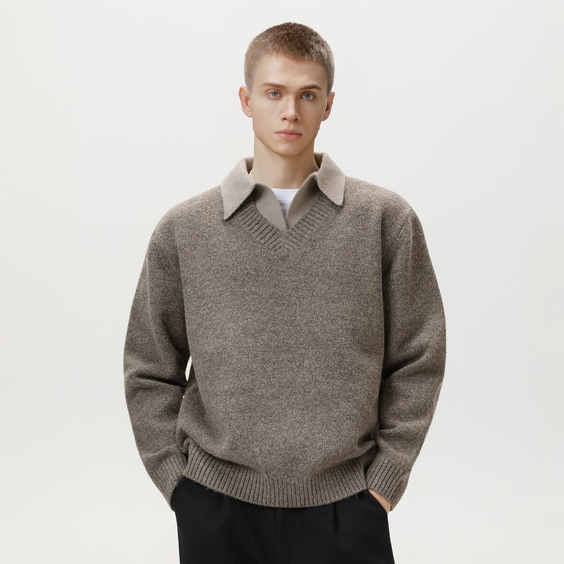 ​​Vintage Cashmere-Look Knit Sweater – Faux Layered Collar Thermal Pullover (M-XXL, Taupe Grey/Stone Grey, 86.8% Polyester Blend)​​_voghion.com