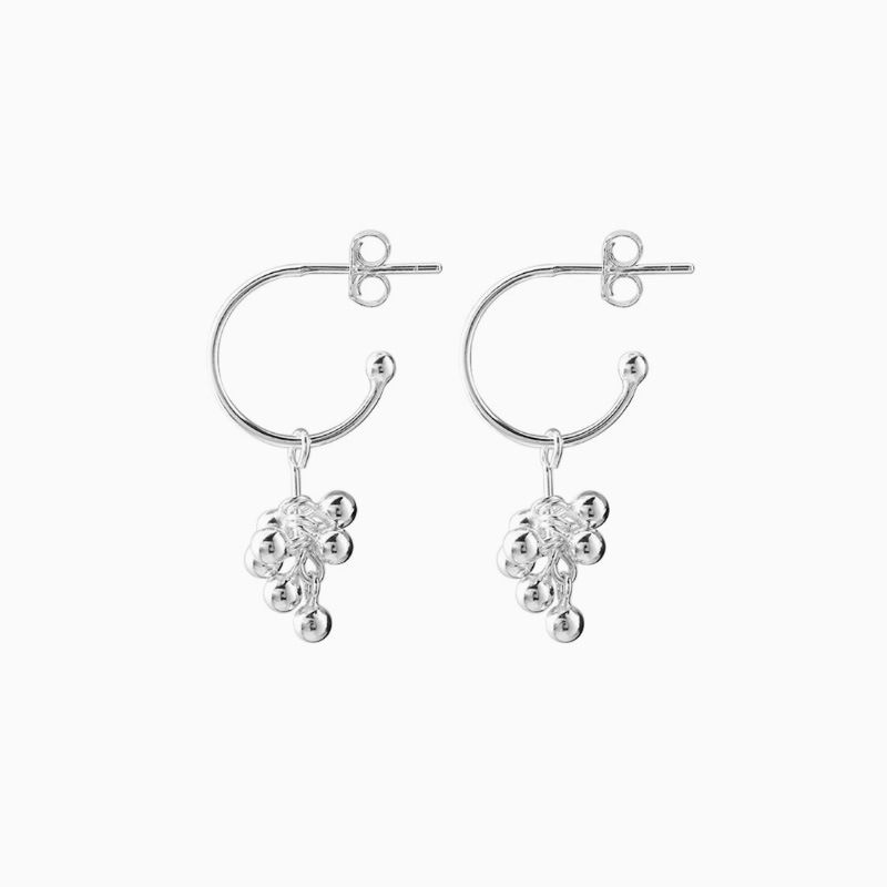 Orecchini a gancio con perline rotonde a grappolo d'uva in argento puro per donna, design semplice e di nicchia, versatili orecchini a forma di C semicircolari_voghion.com