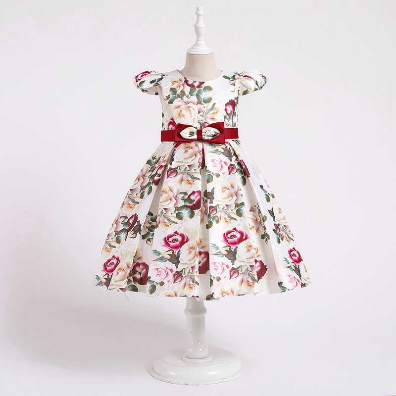Kids’ Clothing New Floral Satin Fabric Children's Short Sleeved Girls Dress Children's Dress_voghion.com