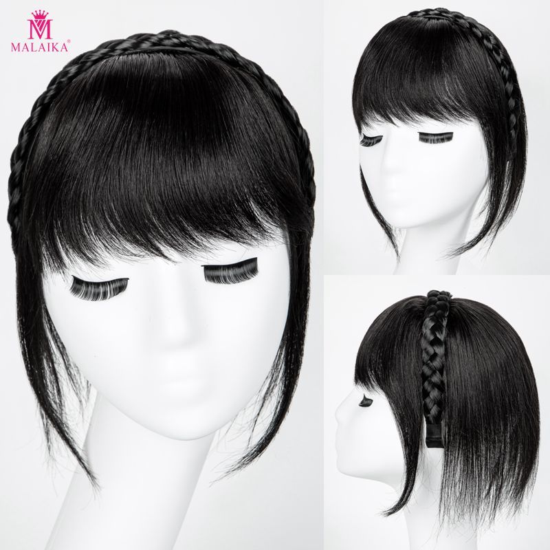 Frauen Twist Braid Stirnband Gerade Haarteile Echthaar Clip In Topper Haarverlängerungen mit Pony Naturschwarz Naturschwarz und Braun_voghion.com
