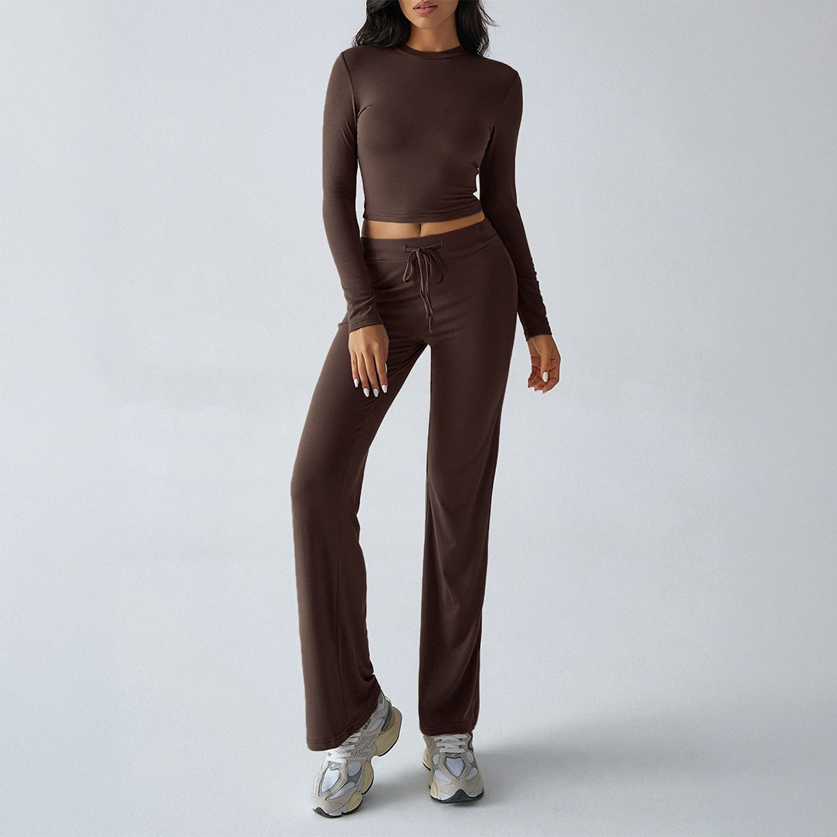 Y2K Sportliches Matching Set – Damen Slim Langarm Top & Schnürhose (S-XL, 12 Farben)_voghion.com