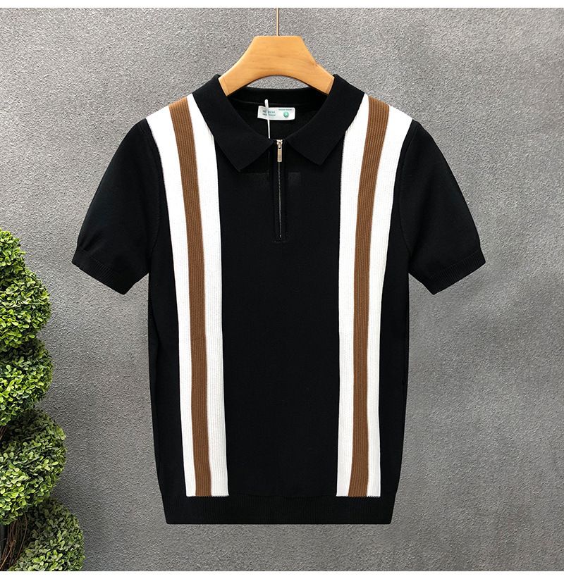 T-shirt à manches courtes en soie glacée pour homme, coupe slim, rayures verticales, revers, tricot, affaires_voghion.com