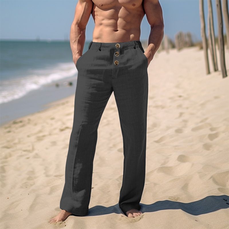Oldyanup Men Cotton Linen Casual Pants Vintage Solid Color Multiple Buttons Loose Comfort Beach Trousers 2024 Spring_voghion.com