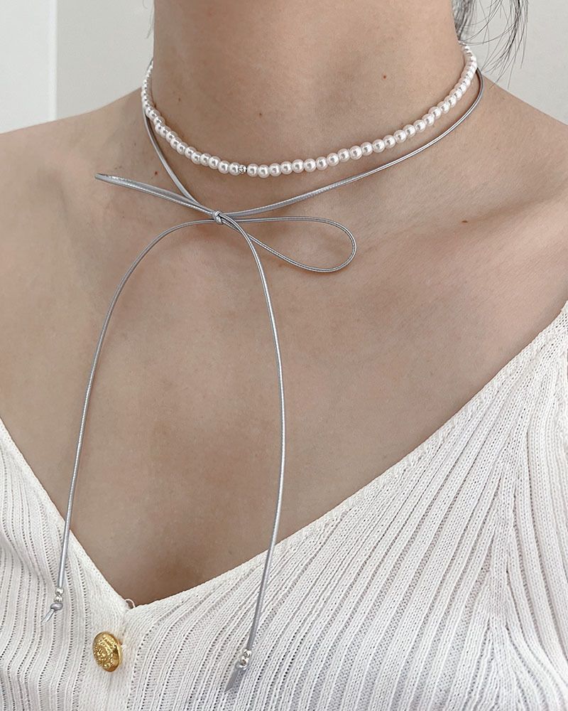 Ribbon Bowknot Pearl Double Layer Necklace For Women, Niche Design, Unique And Simple Versatile Choker Collarbone Chain_voghion.com
