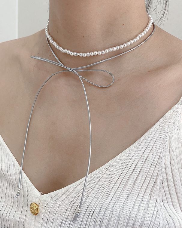 Ribbon Bowknot Pearl Double Layer Necklace For Women, Niche Design, Unique And Simple Versatile Choker Collarbone Chain_voghion.com
