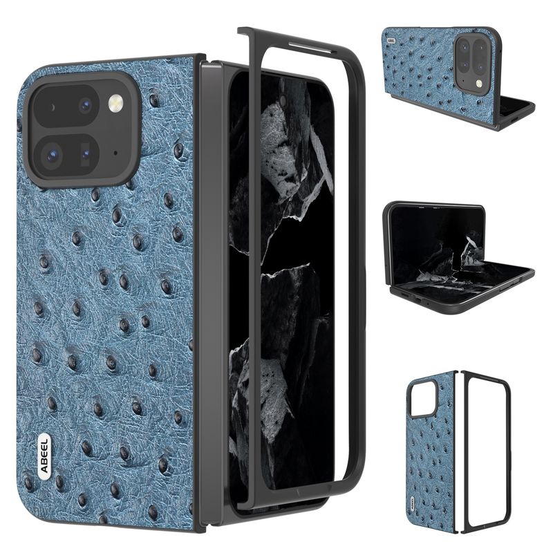 Funda de piel auténtica con textura de avestruz ABEEL para Google Pixel 9 Pro Fold (azul)_voghion.com
