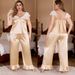 Large Size Ice Silk Pajamas Women's Multi-colored Lace Sexy Short-sleeved Trousers Loungewear Set_voghion.com