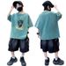 New Boys' Short Sleeve Letter Print Cotton Set - Summer 2-Piece Outfit With Graphic Tee & Mid-Length Shorts For Kids _voghion.com
