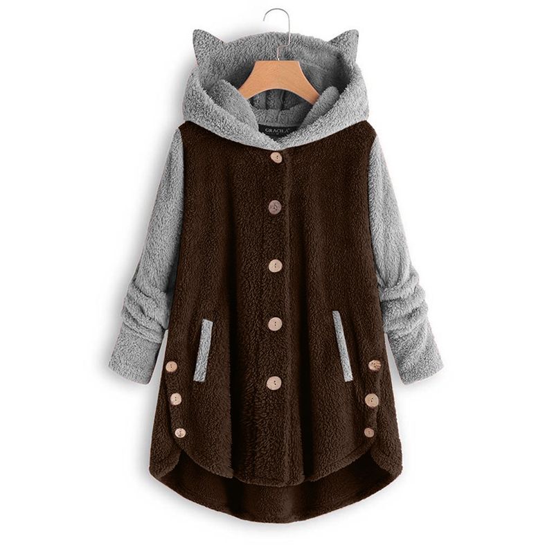 Vêtements pour femmes automne et hiver bouton à capuche oreille de chat haut en peluche irrégulière tendance marque couleur assortie veste pour femmes_voghion.com