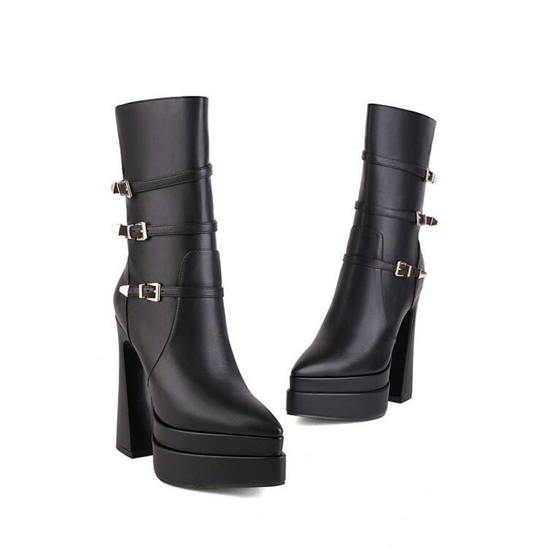 Ghete de gleznă plus-size, cu toc special, cataramă metalică dublă și fermoar lateral, cu două etaje, ascuțite_voghion.com