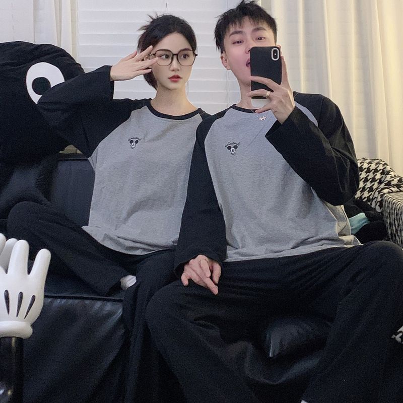 Spring Autumn Long sleeved Pajamas Men's and Women's Pure Two piece Cartoon Cute All Cotton Couple Home Clothes Set_voghion.com