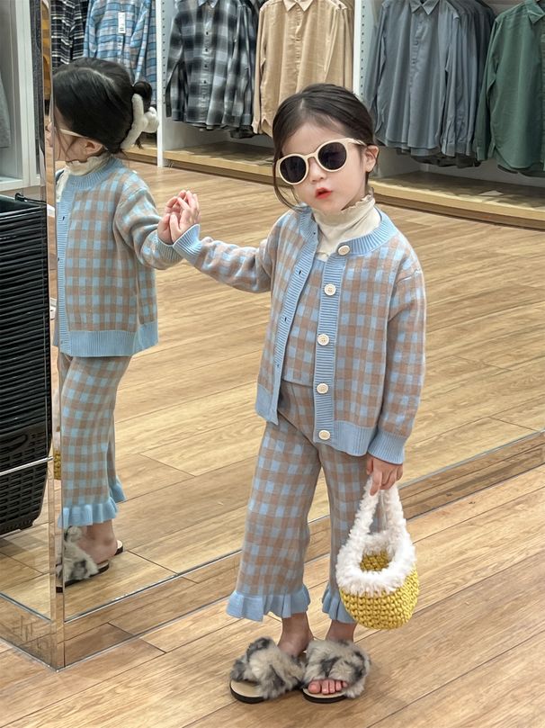 2023 Autumn Girls' Korean Edition Temperament Sweet Blue Checker Knit Set Sweater Tank Top Wooden Ear Edge Pants Three_voghion.com