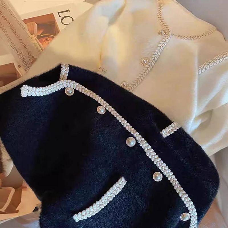 Abbigliamento da donna, maglione con bottoni in perla, cardigan, primaverile e autunnale, caldo e morbido, giacca in maglia di visone latte_voghion.com