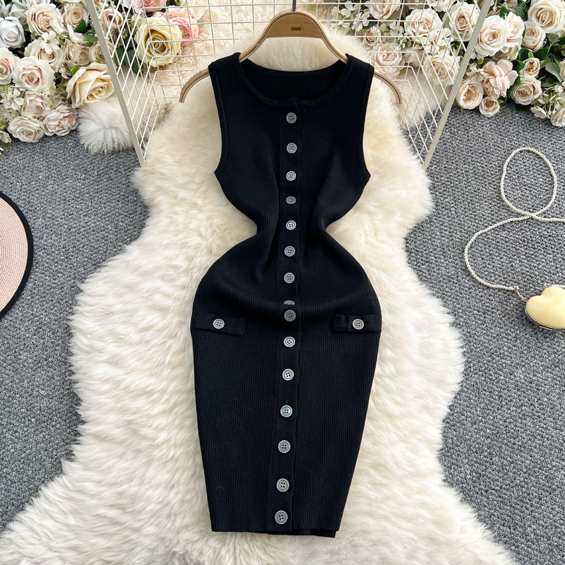 Abito da donna in maglia senza maniche, stile temperamento, nuovo design monopetto, vestibilità slim fit sottile_voghion.com