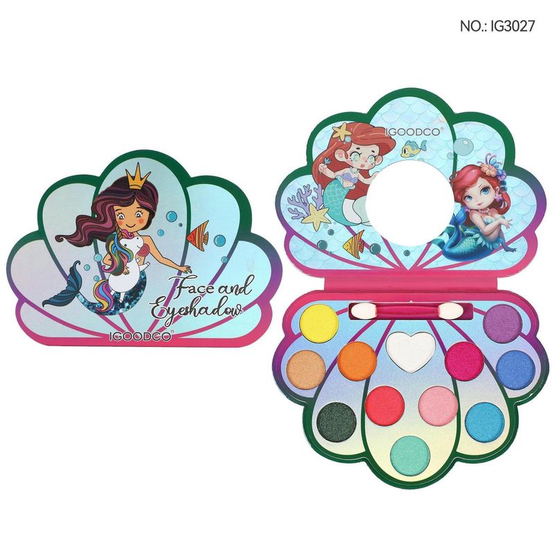 Paleta de sombras de ojos de 12 colores con diseño de concha de princesa sirena y disco de perla pura con pincel_voghion.com
