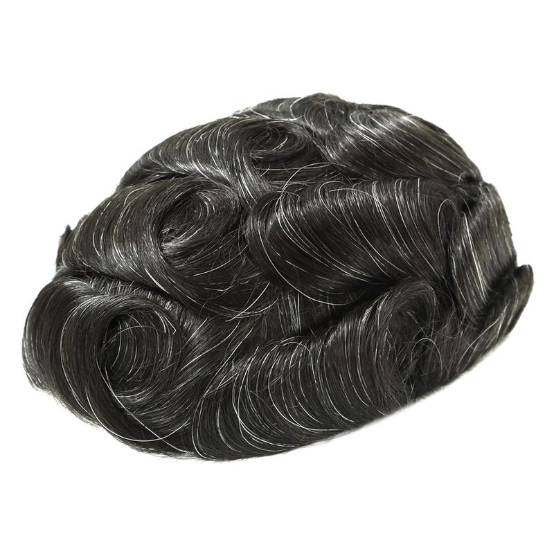 Q6 Toupee For Men 100% Human Hair Pieces I French Lace Front Poly Skin Bleached Hair Replacement System Men Wigs Off Black With 10% Grey Color #1B10_voghion.com