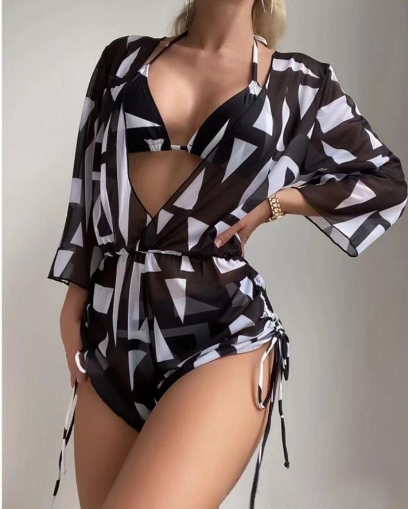 Costume da bagno bikini stampato con spacco, a tre pezzi, a maniche lunghe, in rete e coulisse in vita, da donna_voghion.com