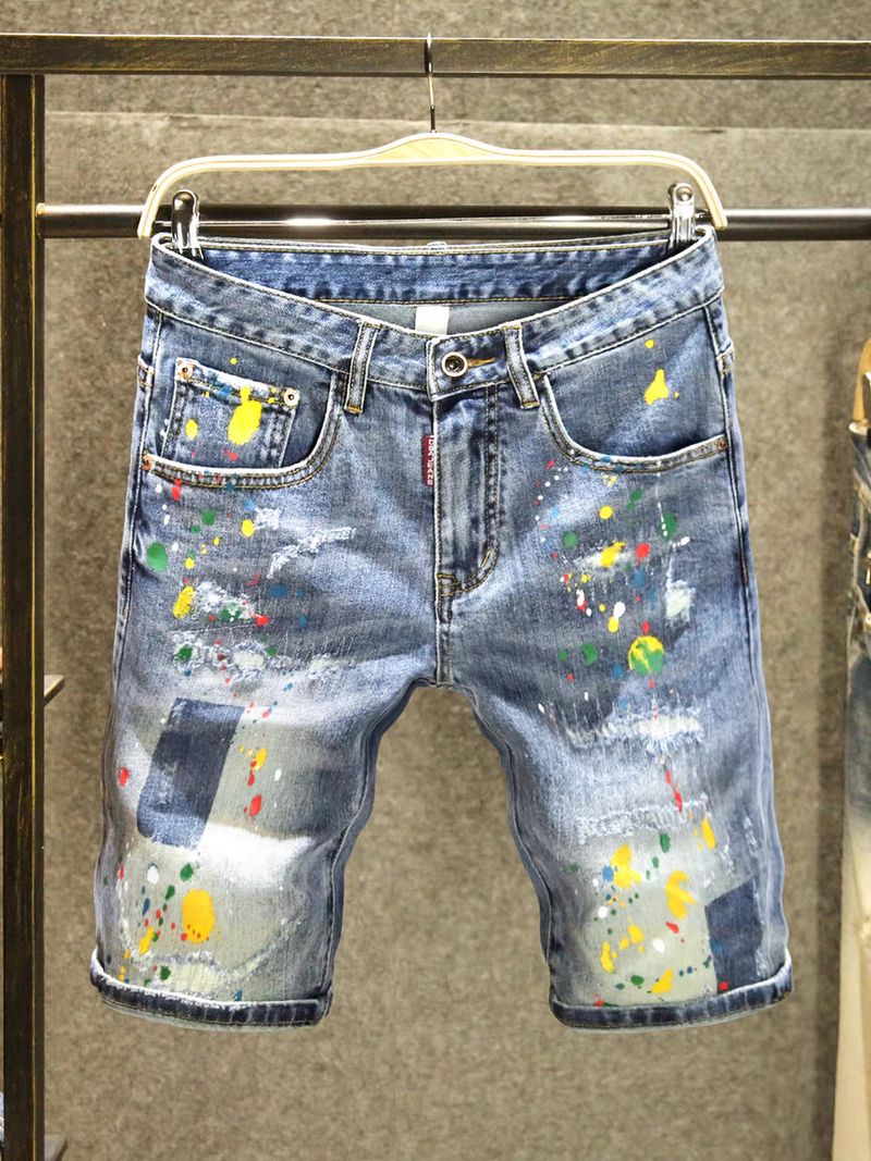 Sommer Trendy Brand Kontrastfarbene Shorts Herren High Street Hübsche Ripped Patch Jeans Herren Trendy Ink Splashed Loose Shorts_voghion.com