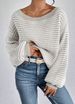 Women's Off-Shoulder Knit Sweater With Color Block Stripes & Lantern Sleeves – Relaxed Fit, Casual Elegance For Fall_voghion.com