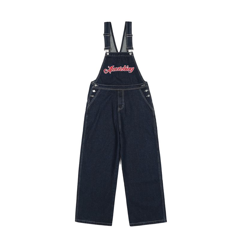 Wind Letter Embroidered Denim Overalls Men's Street Trend Loose Wide Leg Pants Adjustable Jumpsuit_voghion.com