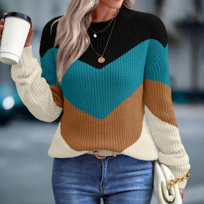 Women's sweaters spring and autumn contrast color sweaters new striped loose casual _voghion.com