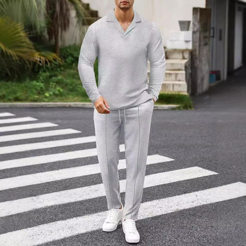 2024 Herfst Nieuwe Heren Effen Kleur Wafel Pak Kraag Lange Mouw Broek Set_voghion.com