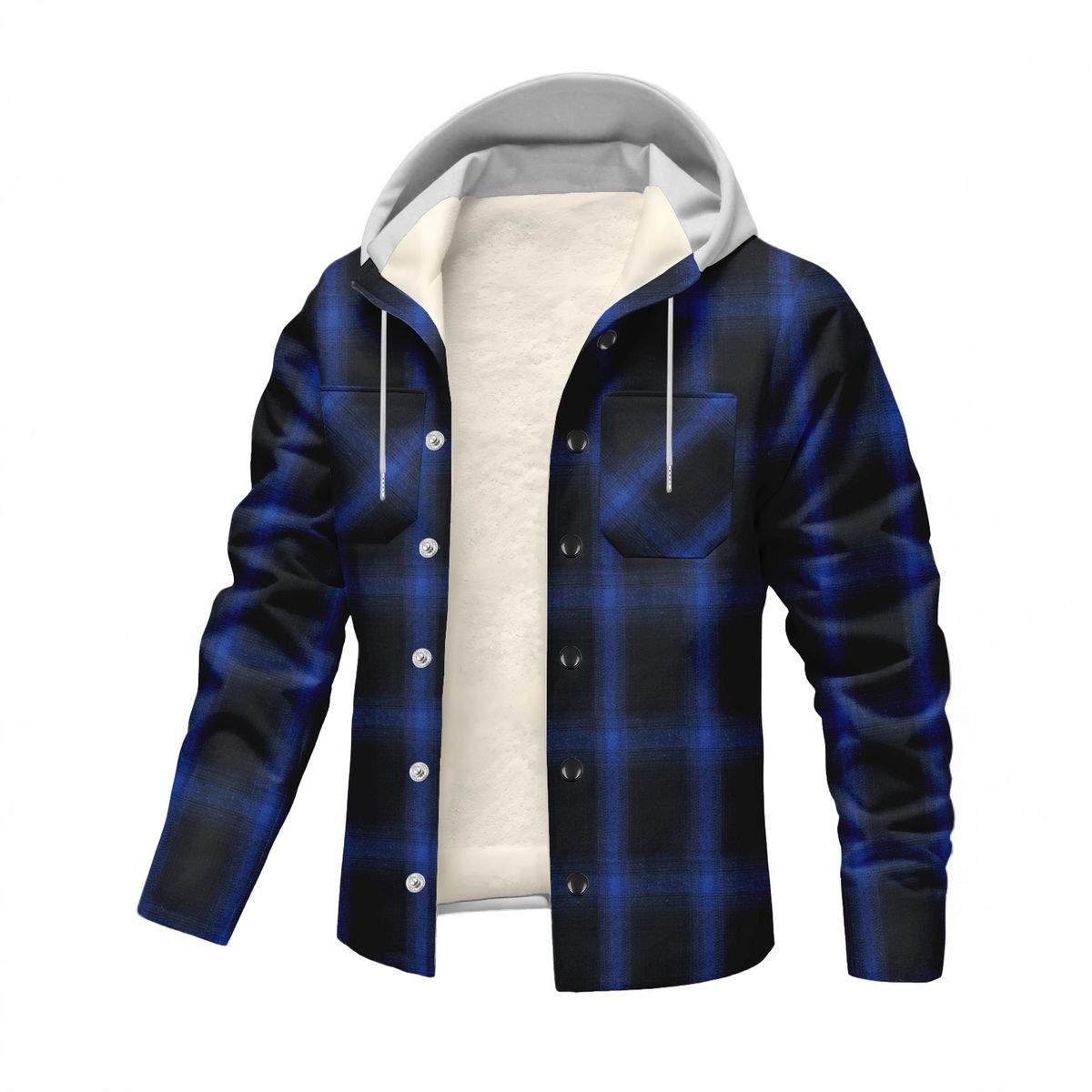 Men's Plush-Lined Hooded Jacket - Checkered Fleece-Lined Coat With Button Front (Dark Blue/Green/Black-Gray, S-XXXL)_voghion.com