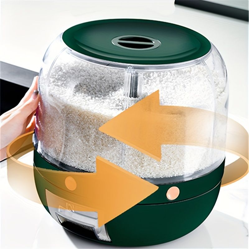 1pc 360-degree Rotating Grain Storage Box With 6 Compartments And Measuring Cup, Automatically Dispenses Rice With Press Button_voghion.com
