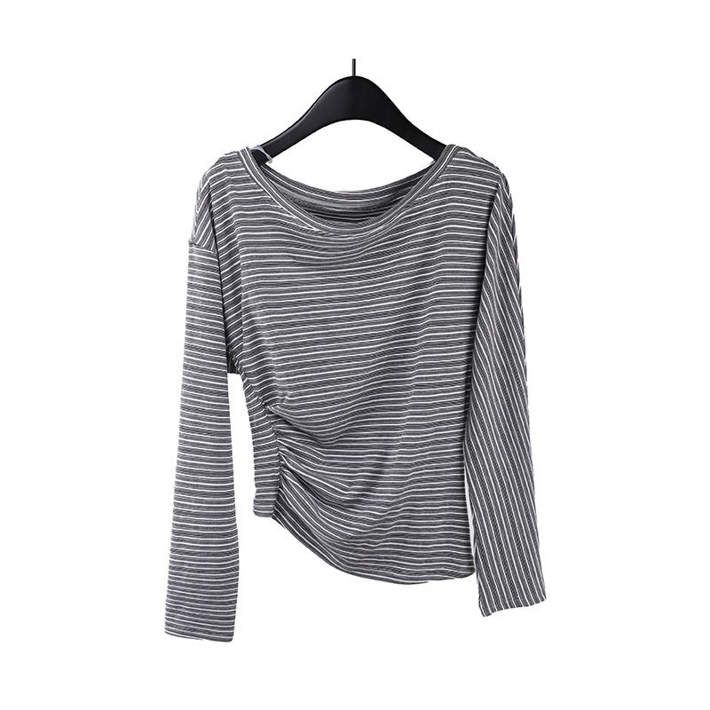 Women's Clothing Long Sleeve T-Shirt With Striped Contrast Design – Soft Lyocell Fabric, Relaxed Fit, Wrinkle-Resistant & Versatile Styling_voghion.com