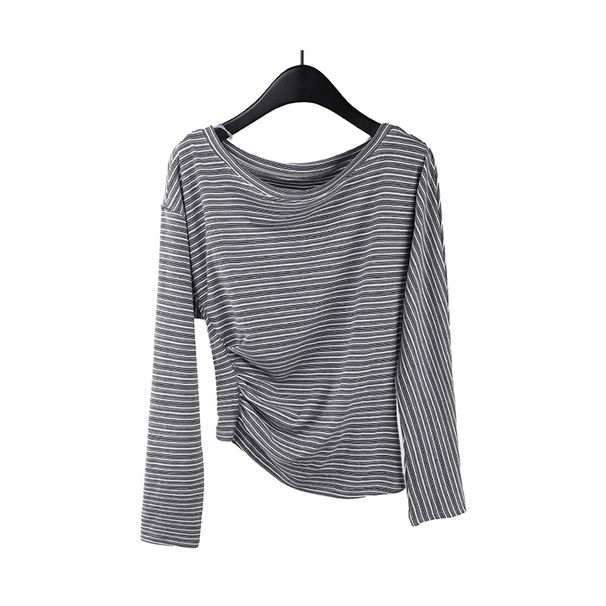 Women's Clothing Long Sleeve T-Shirt With Striped Contrast Design – Soft Lyocell Fabric, Relaxed Fit, Wrinkle-Resistant & Versatile Styling_voghion.com