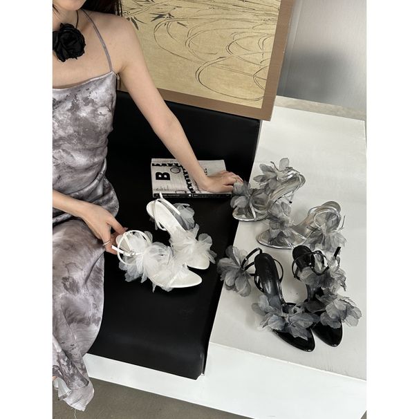 2025 Summer New Fashionable Large Flower Versatile Bow Sandals, One Button Stiletto High Heel Women's Shoes_voghion.com